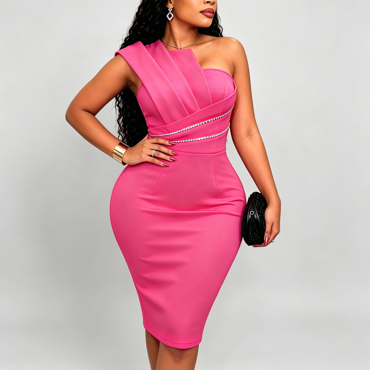 The Elara Rhinestone Ruffle Off-Shoulder Midi Dress