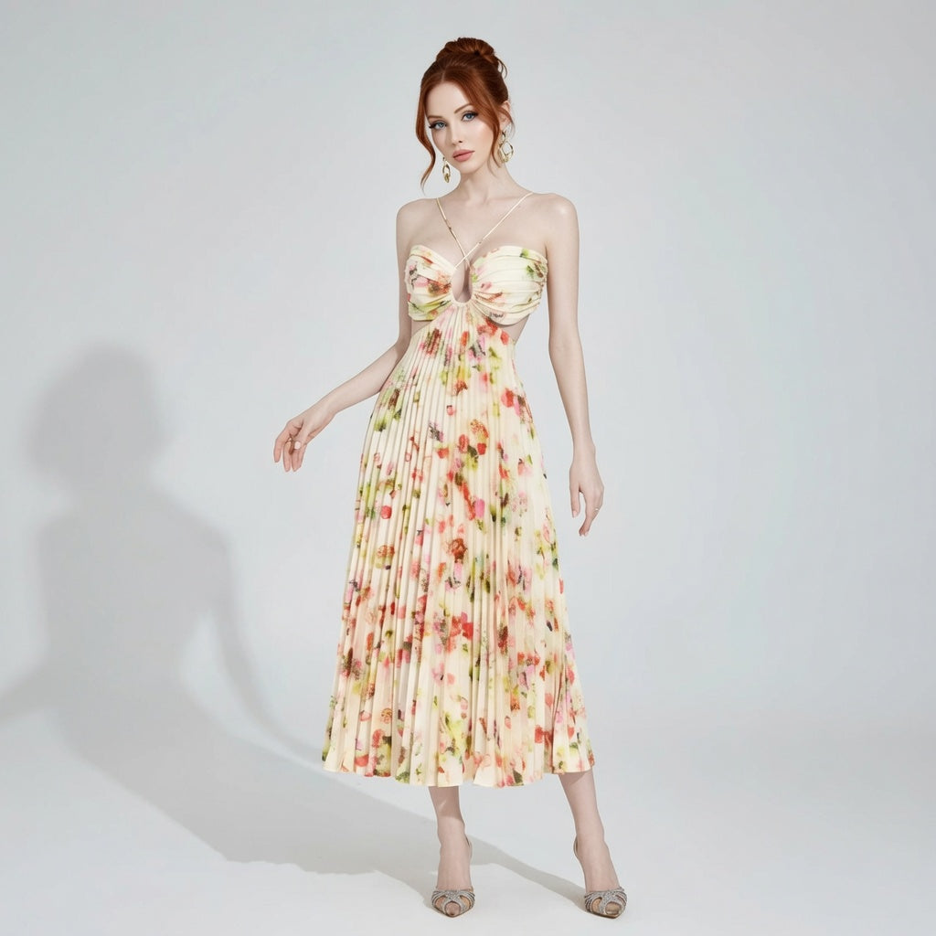 The Elara Ethereal Pleated Floral Cutout Maxi Dress