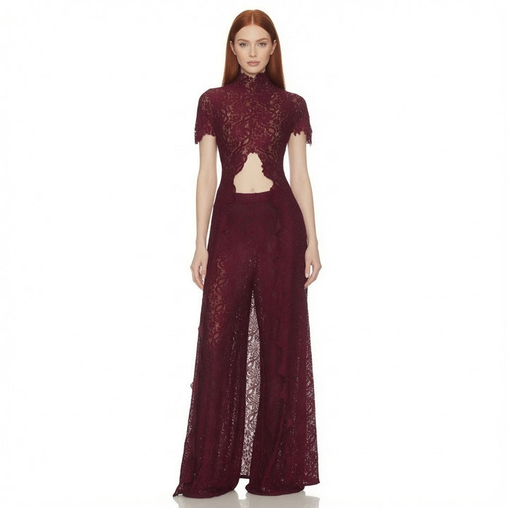 The Elara High Neck Lace Cutout Flowy Set
