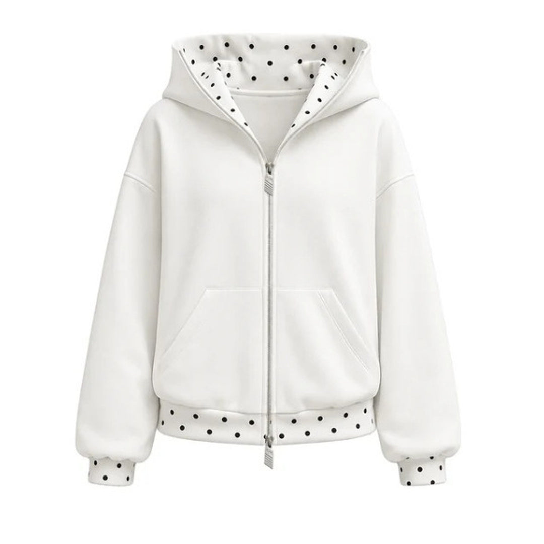 White polka-dot trim zip hoodie, front product view