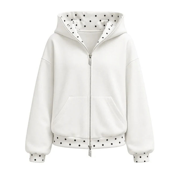 White polka-dot trim zip hoodie, front product view