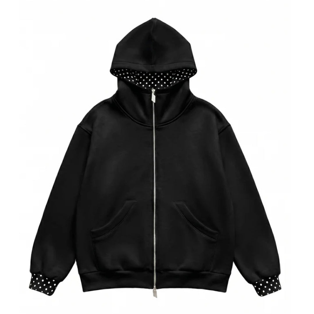 Black polka-dot trim zip hoodie, front product view