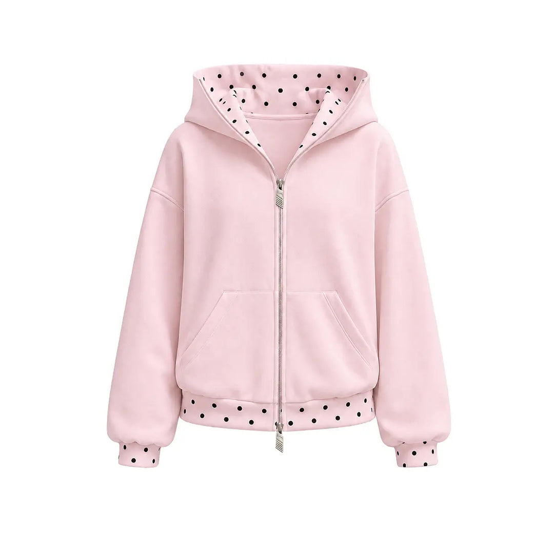 Pink polka-dot trim zip hoodie, front product view