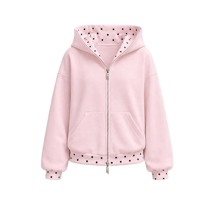 Pink polka-dot trim zip hoodie, front product view