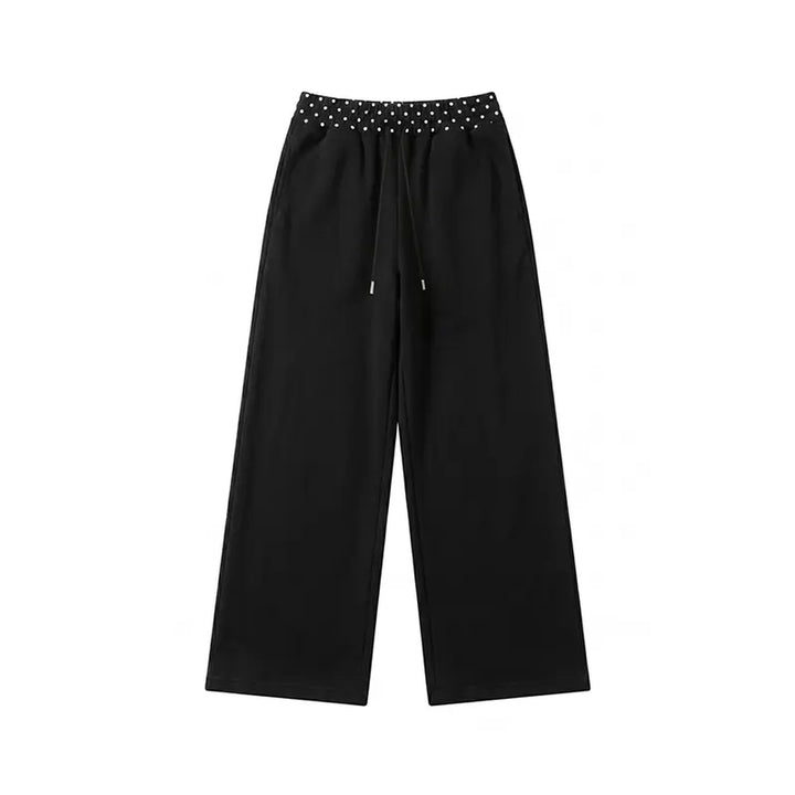 Black polka-dot waistband wide-leg pants, front product view
