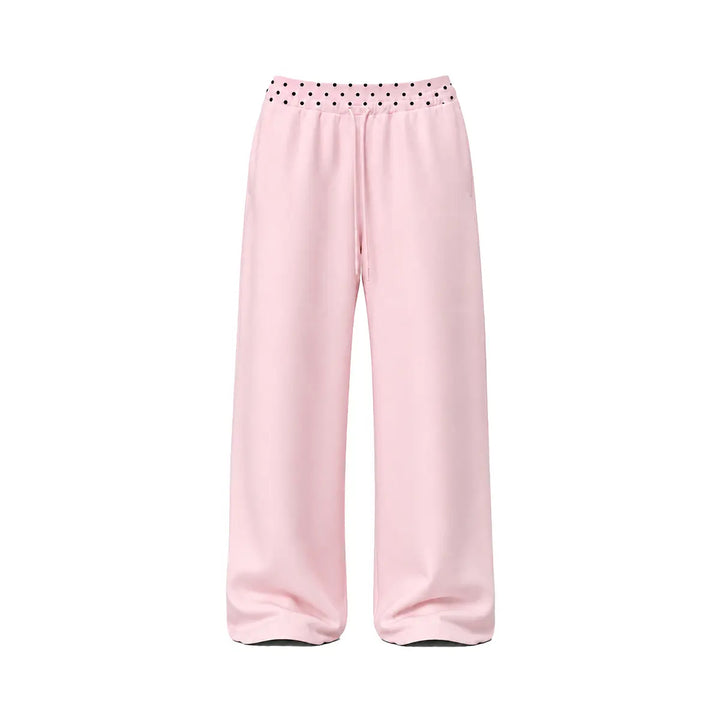 Pink polka-dot waistband wide-leg pants, front product view