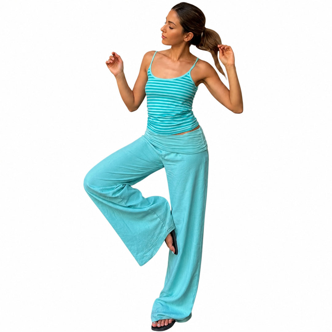Teal Stripe striped cami and wide-leg pants set alternate view on a woman