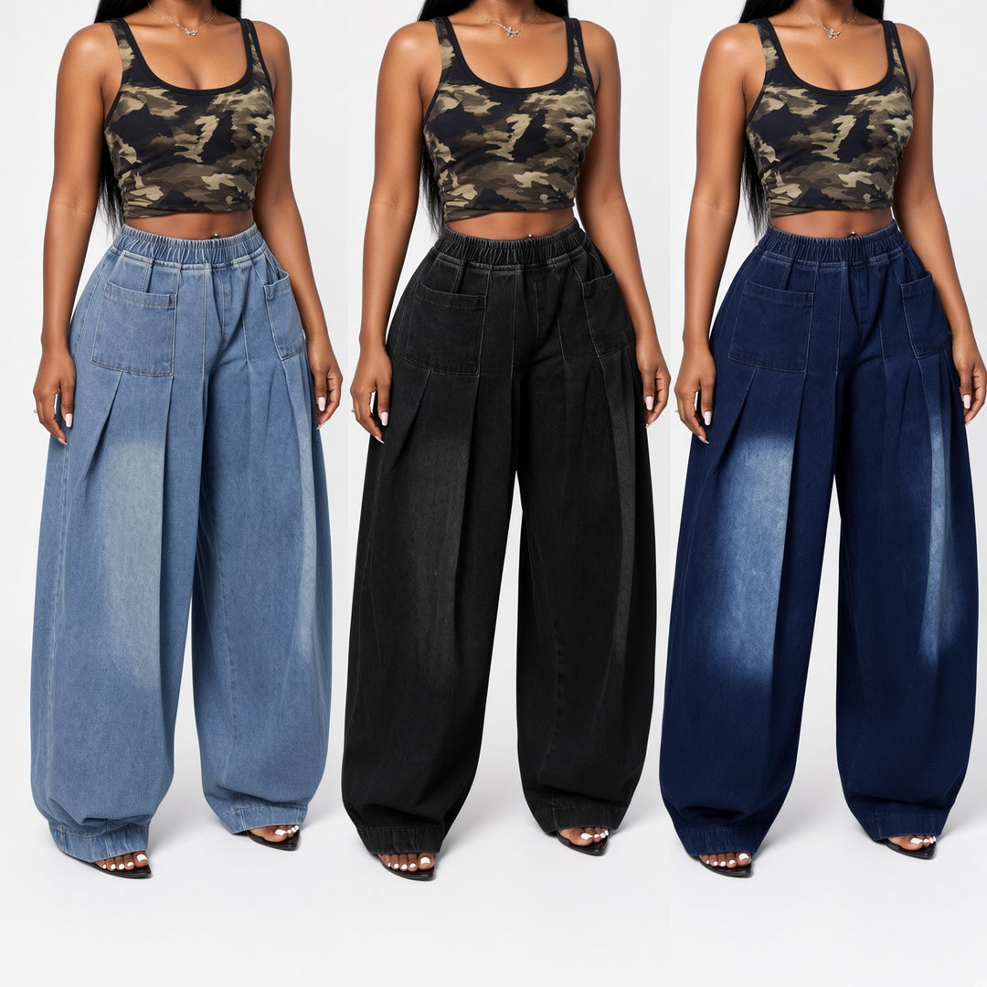 The Elara stretch wide-leg jeans in Black, Dark Blue, and Light Blue