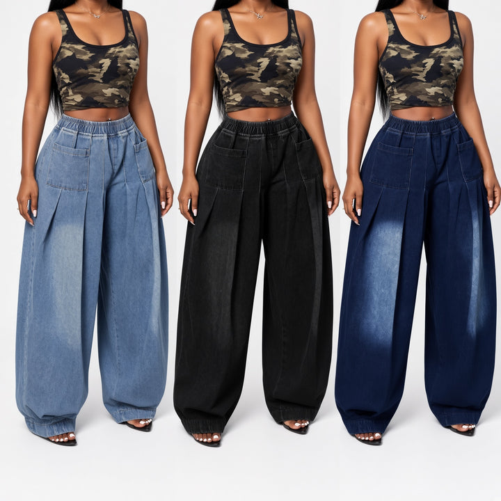 The Elara stretch wide-leg jeans in Black, Dark Blue, and Light Blue