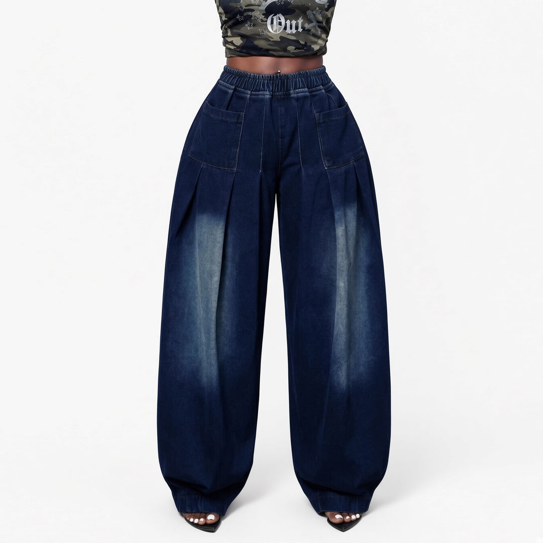 The Elara stretch wide-leg jeans in Dark Blue, front view