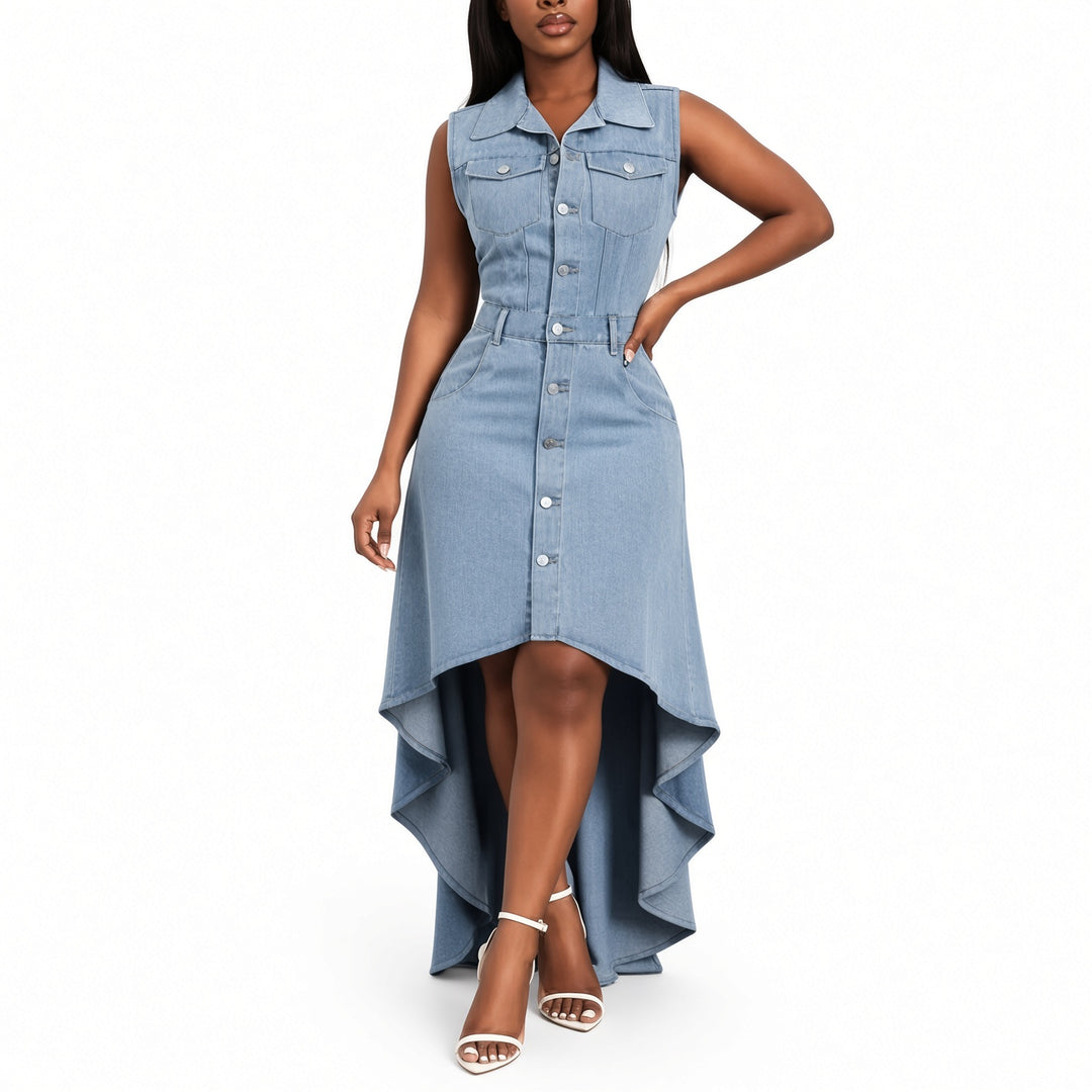 The Elara high-low denim maxi dress, front view