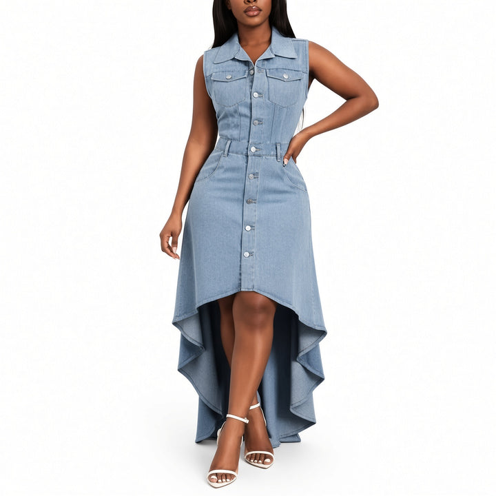 The Elara high-low denim maxi dress, front view