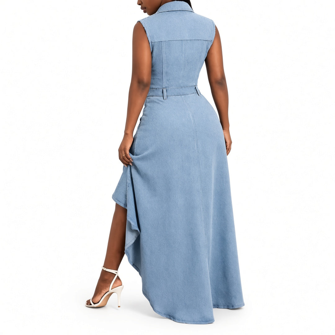 The Elara high-low denim maxi dress, back view