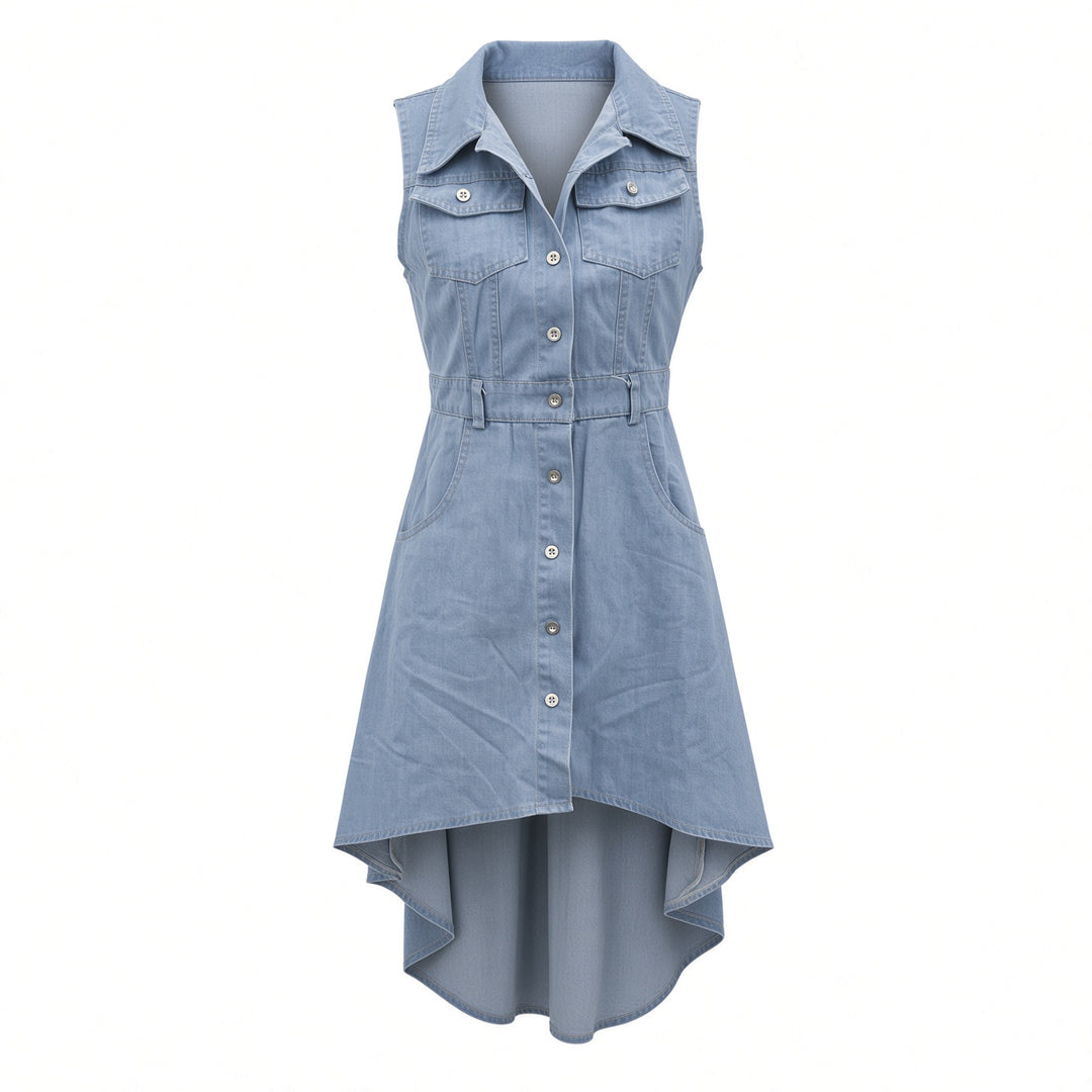 The Elara high-low denim maxi dress, front garment view