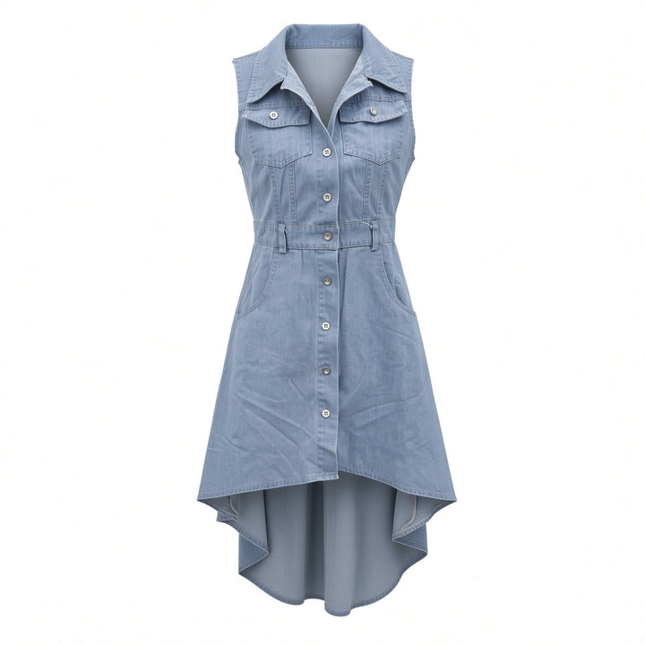 The Elara high-low denim maxi dress, front garment view