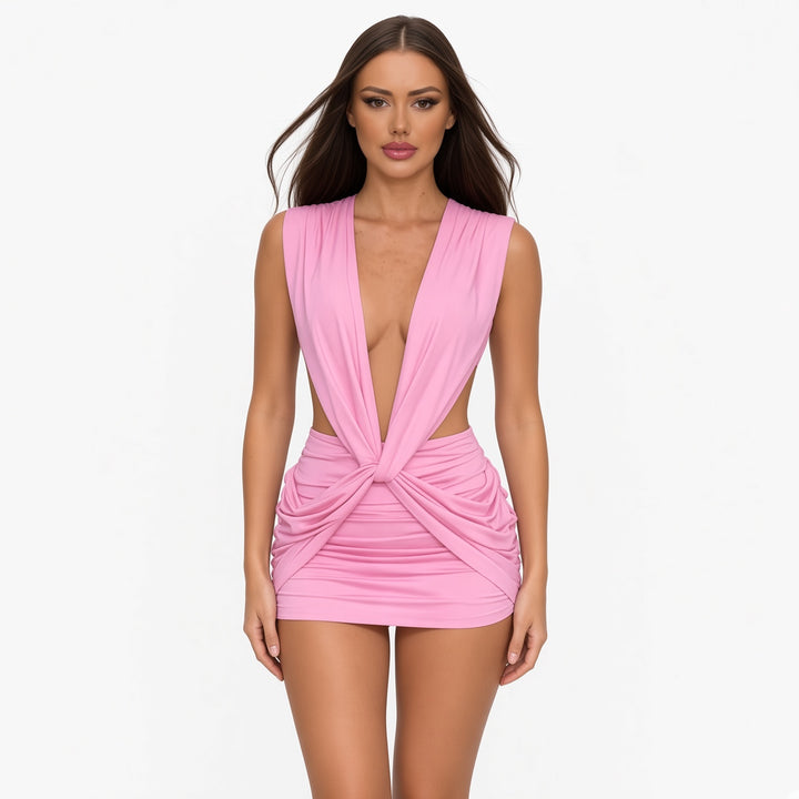 The Elara twist-front ruched mini dress in Pink, front view