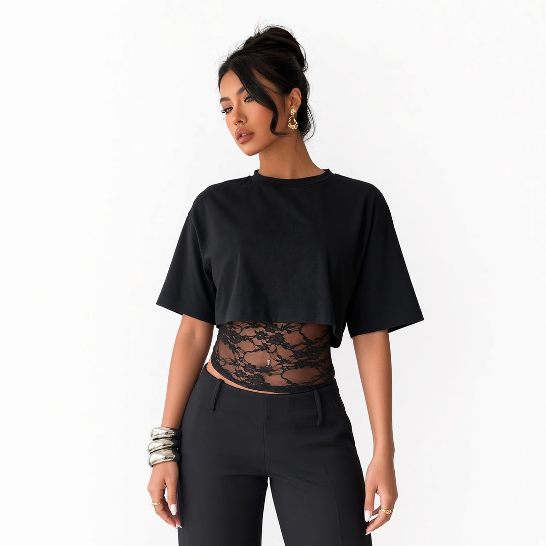 The Elara lace-waist layered crop tee in Black, front view