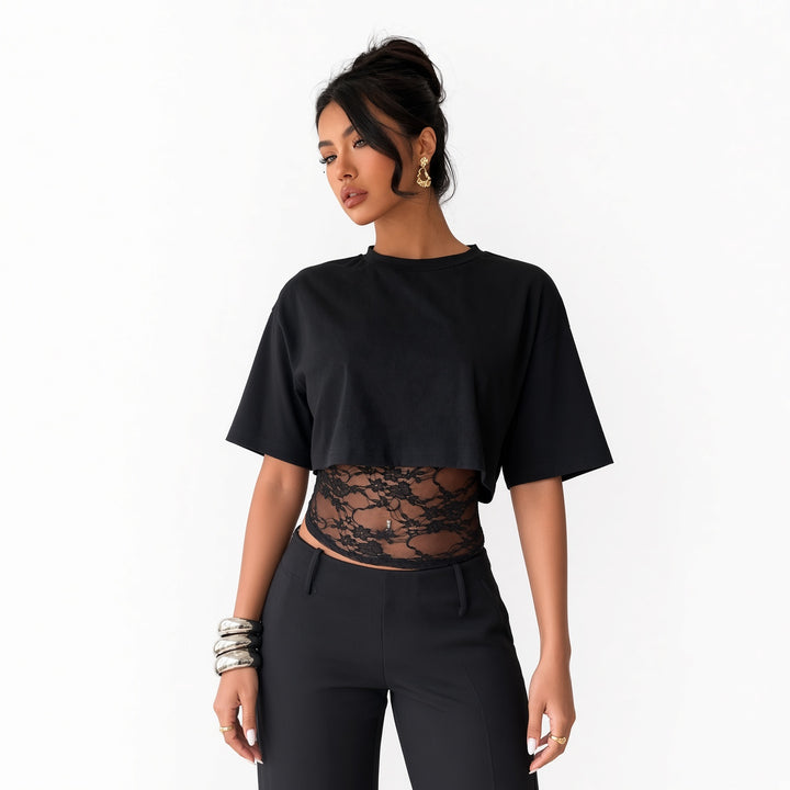 The Elara lace-waist layered crop tee in Black, front view