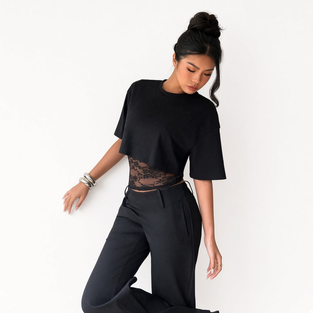 The Elara lace-waist layered crop tee in Black, styling view