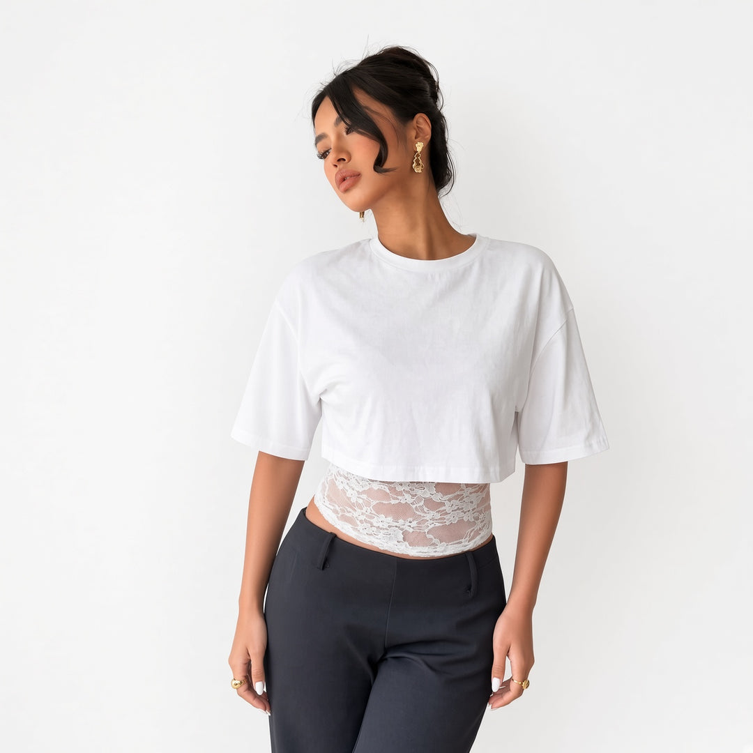 The Elara lace-waist layered crop tee in White, front view