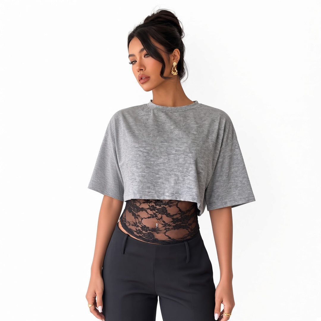 The Elara lace-waist layered crop tee in Gray, front view