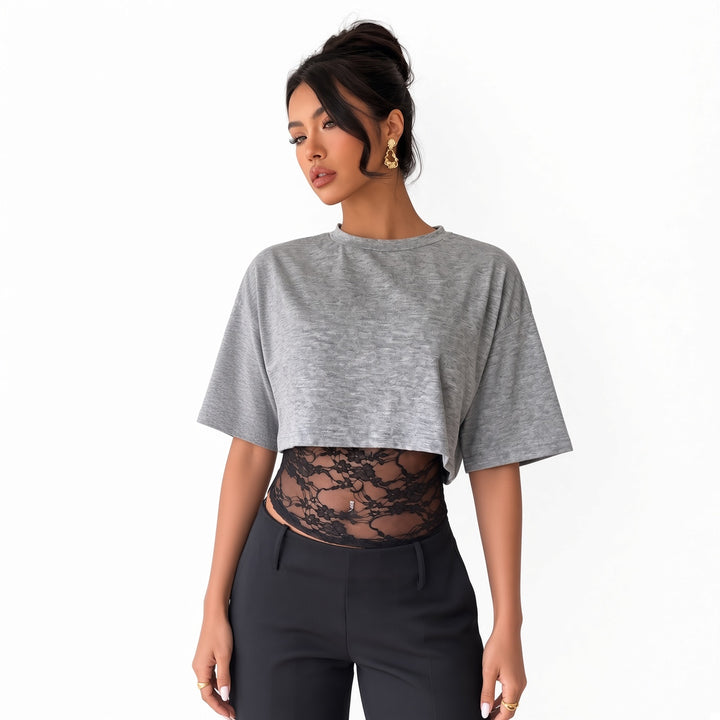 The Elara lace-waist layered crop tee in Gray, front view