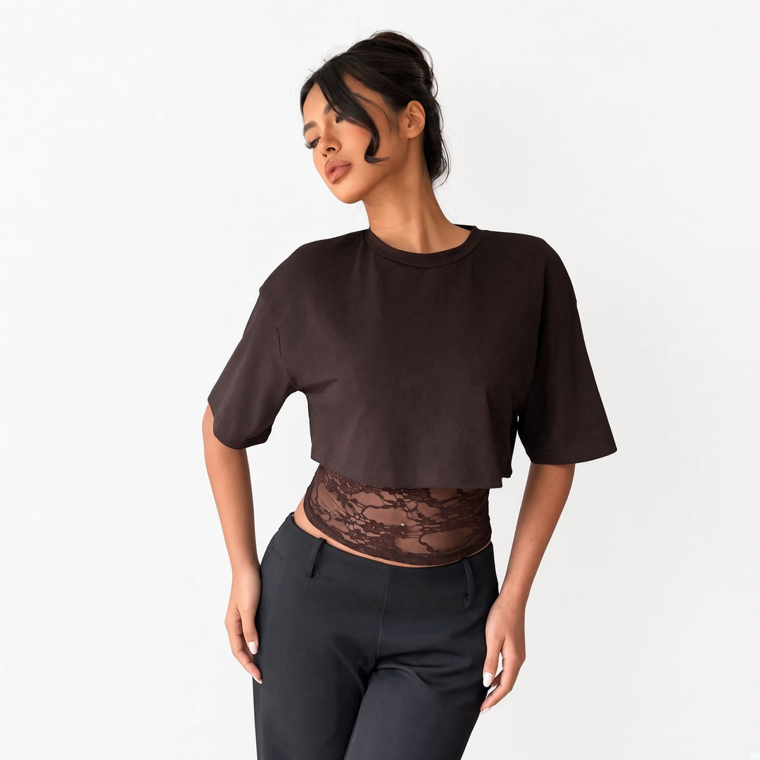 The Elara lace-waist layered crop tee in Brown, front view