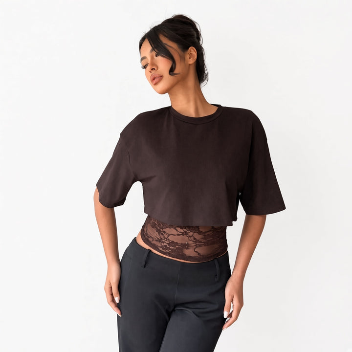 The Elara lace-waist layered crop tee in Brown, front view
