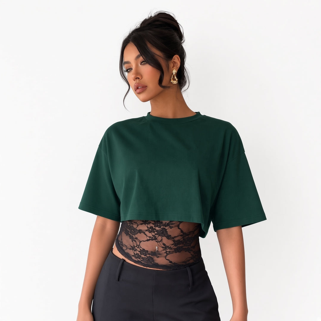 The Elara lace-waist layered crop tee in Green, front view