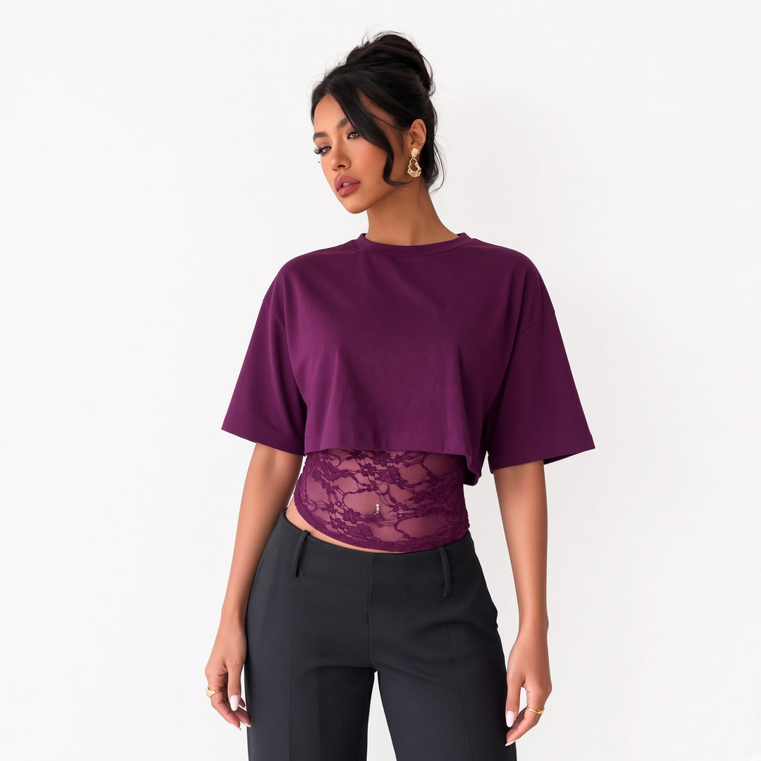 The Elara lace-waist layered crop tee in Purple, front view