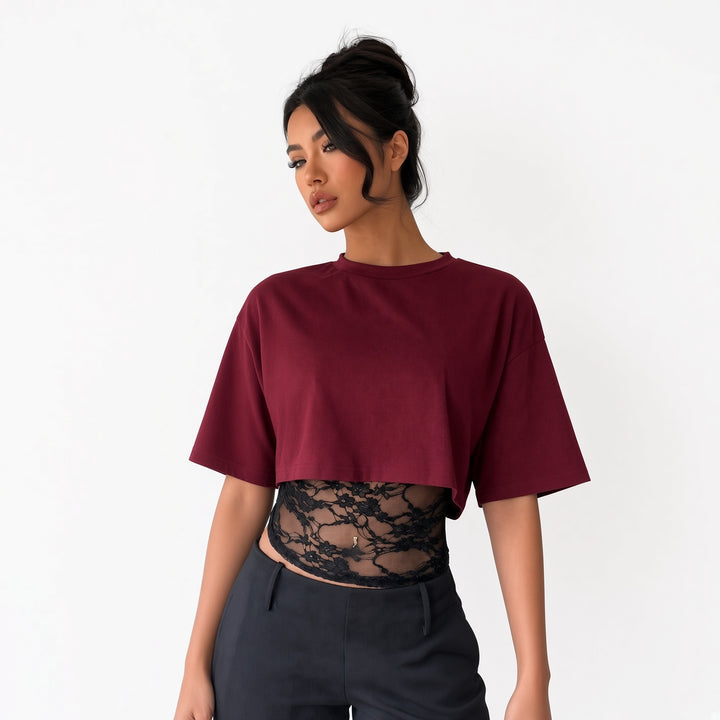 The Elara lace-waist layered crop tee in Burgundy, front view