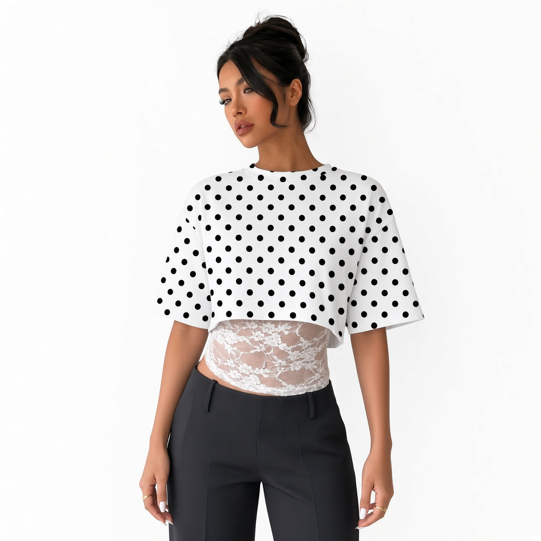 The Elara lace-waist layered crop tee in White Polka Dot, front view