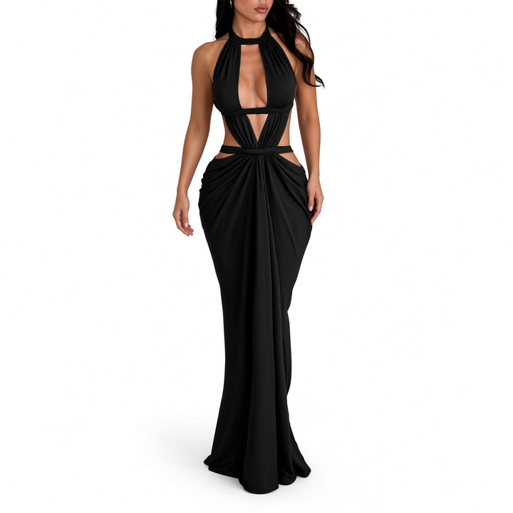 The Elara cutout ruched maxi dress in Black, front view