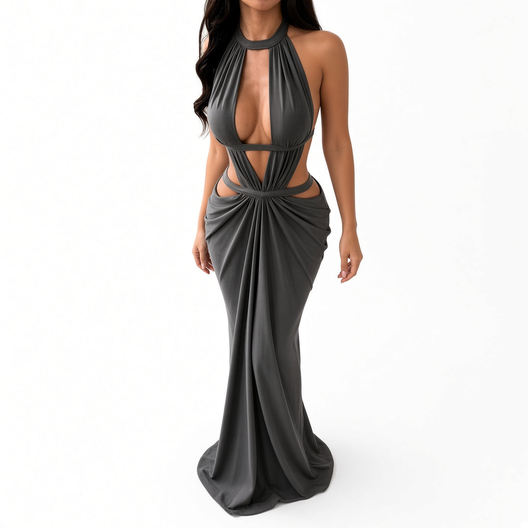 The Elara cutout ruched maxi dress in Gray, front view