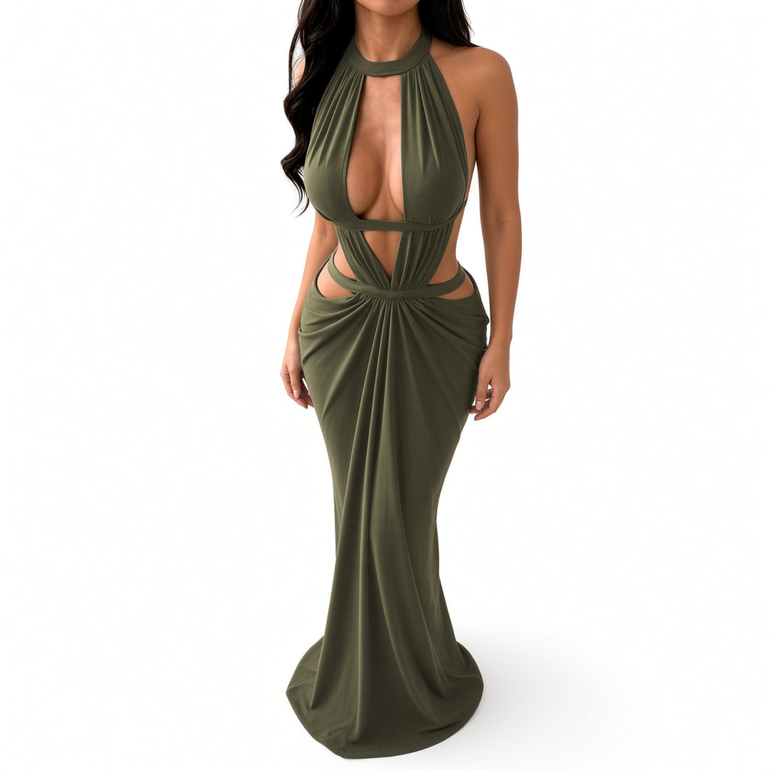 The Elara cutout ruched maxi dress in Green, front view