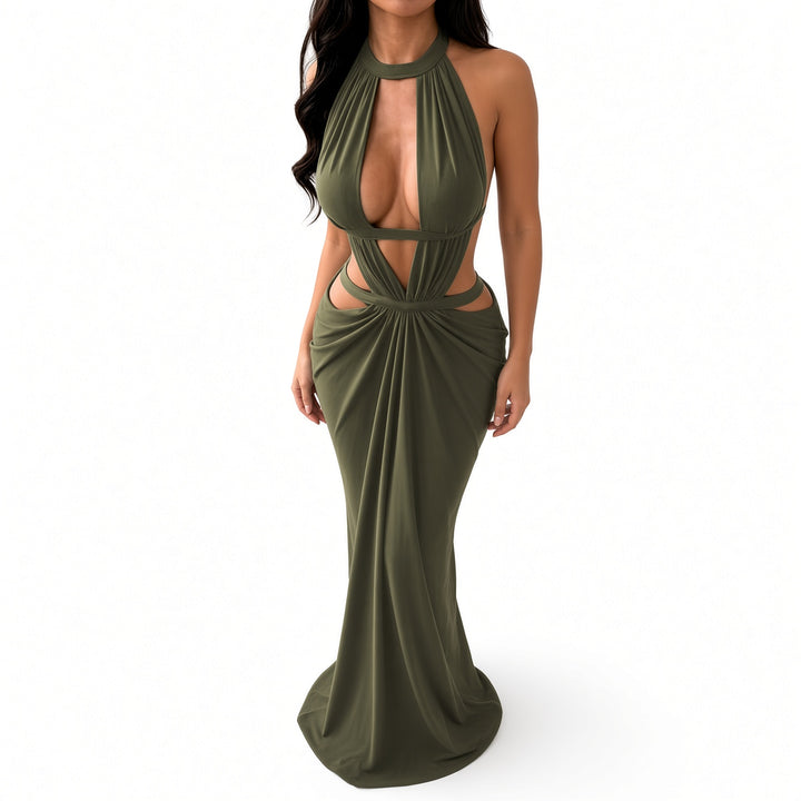 The Elara cutout ruched maxi dress in Green, front view