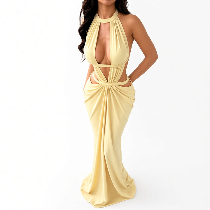 The Elara cutout ruched maxi dress in Yellow, front view