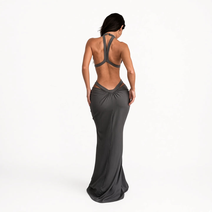 The Elara cutout ruched maxi dress in Gray, back view