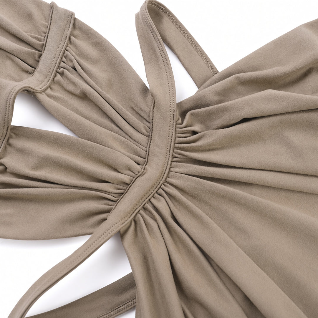 The Elara cutout ruched maxi dress in Khaki, construction detail