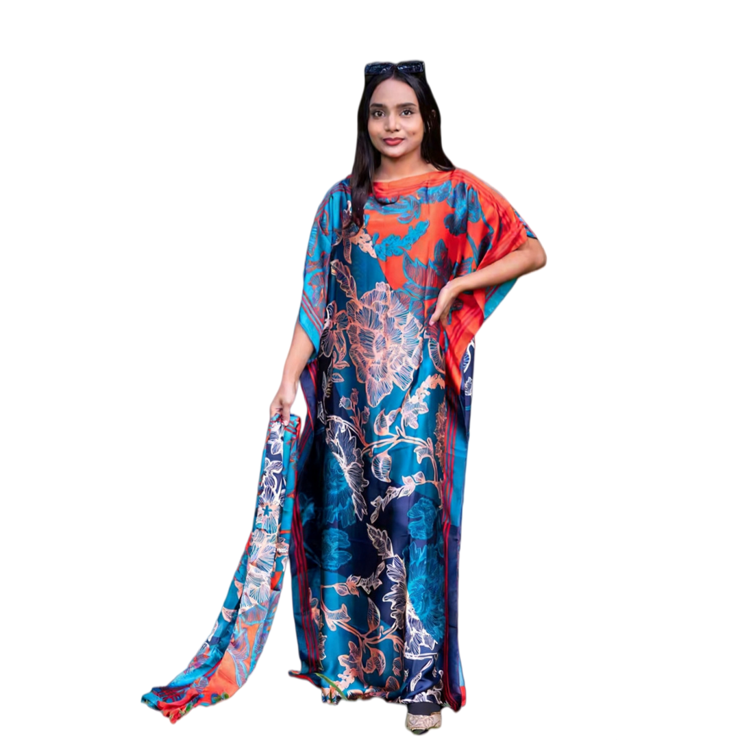 The Elara Sahara Silk-Feel Kaftan & Scarf Set