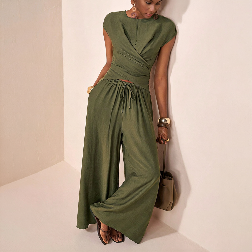 The Elara Draped Wrap-Front Palazzo Set
