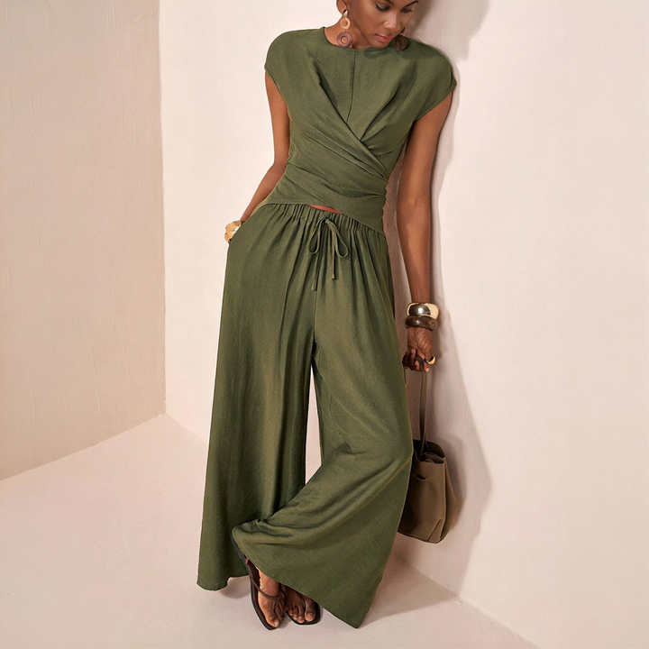 The Elara Draped Wrap-Front Palazzo Set