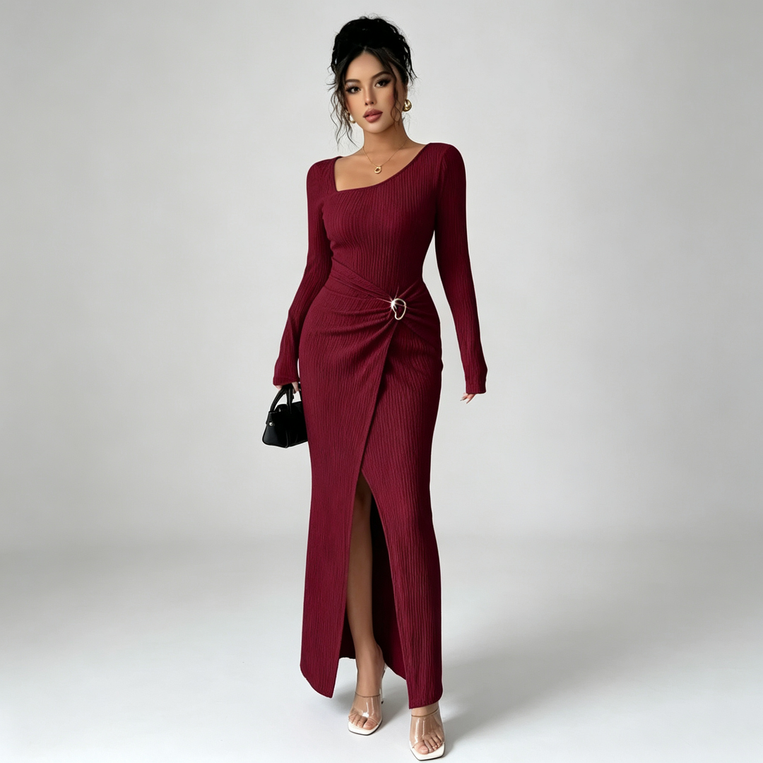 The Elara Asymmetric Buckle Wrap Maxi Dress