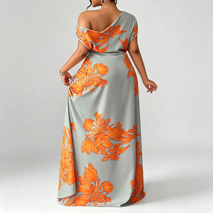 The Elara Asymmetrical Floral Draped Maxi Dress