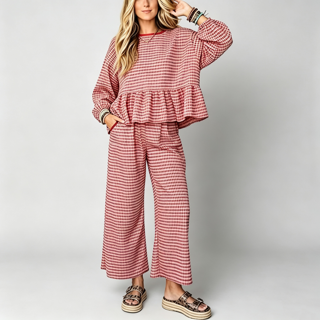 The Elara Gingham Ruffle Lounge Set