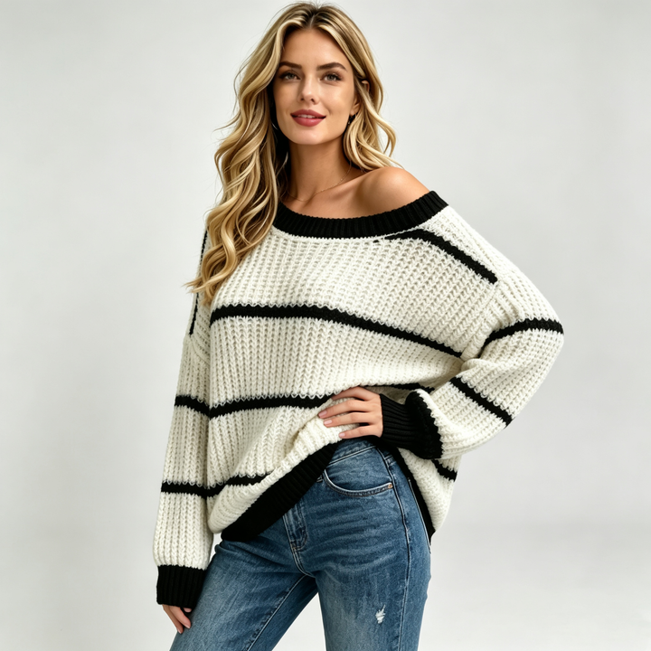 The Elara Asymmetrical Stripe Knit Sweater