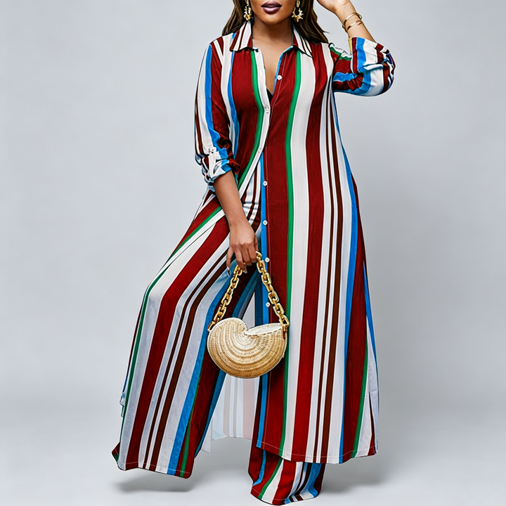 The Elara Plus Striped Shirt Wide-Leg Set