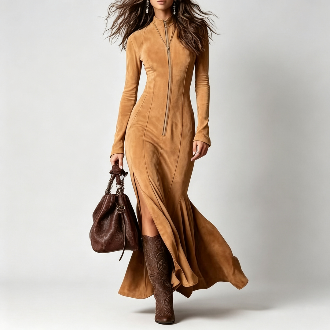 The Elara Suede Belted Zip Maxi Dress
