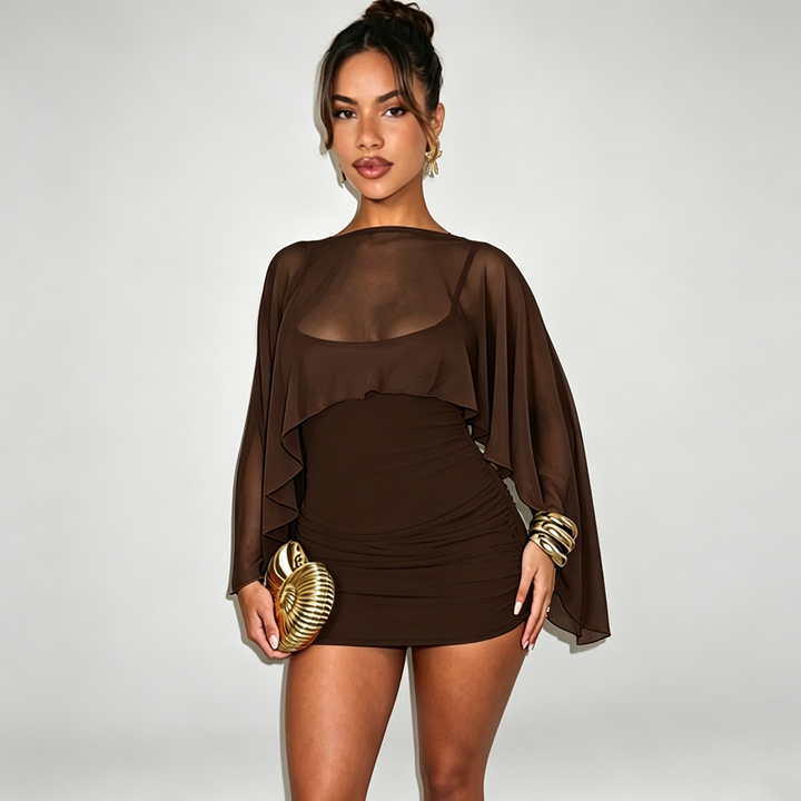 The Elara Sheer Cape Ruched Mini Dress