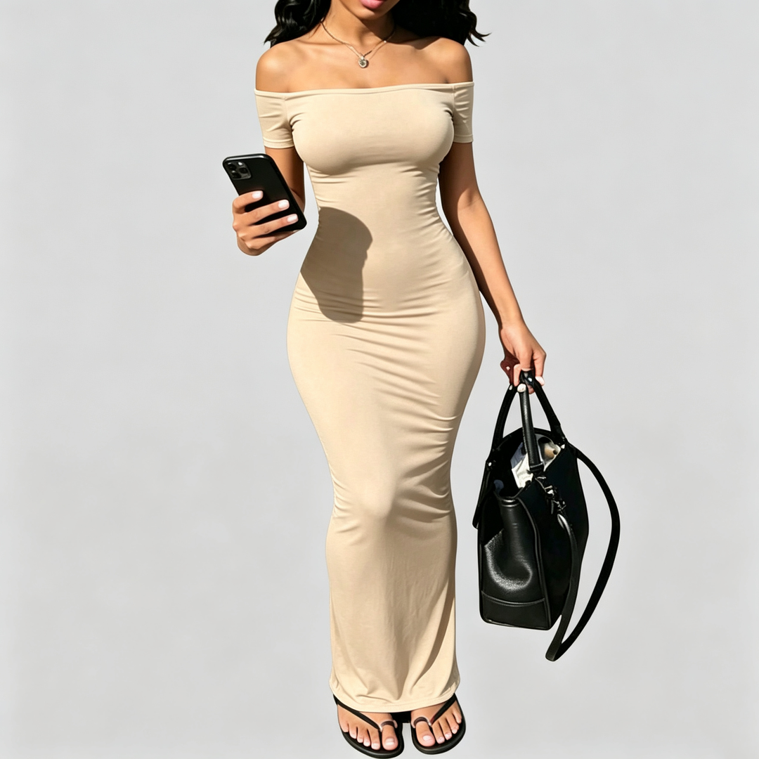 The Elara Off-Shoulder Sculpt Maxi Dress